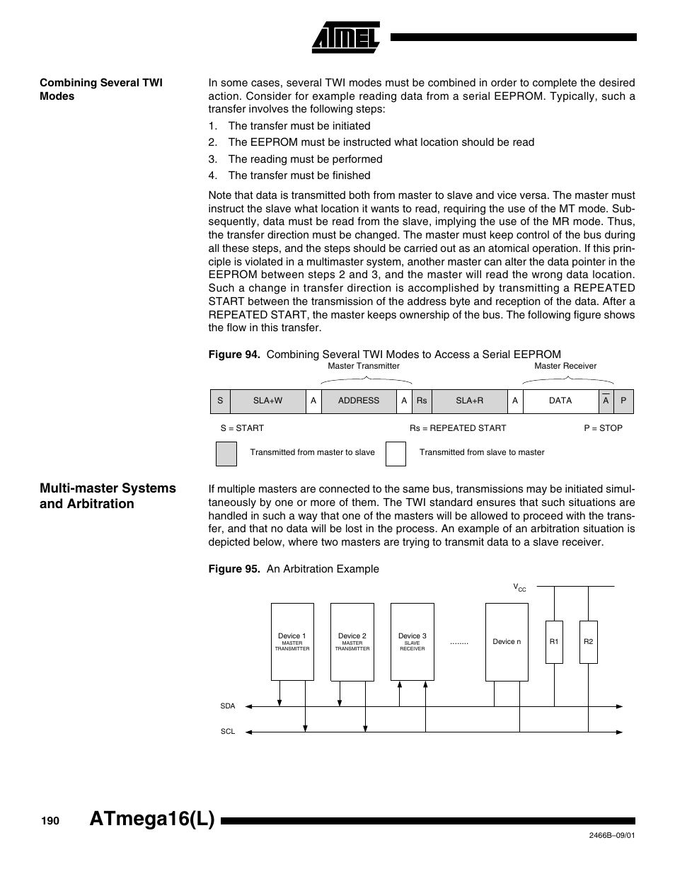 Combining several twi modes, Multi-master systems and arbitration, Atmega16(l) | Rainbow Electronics ATmega64L User Manual | Page 190 / 298