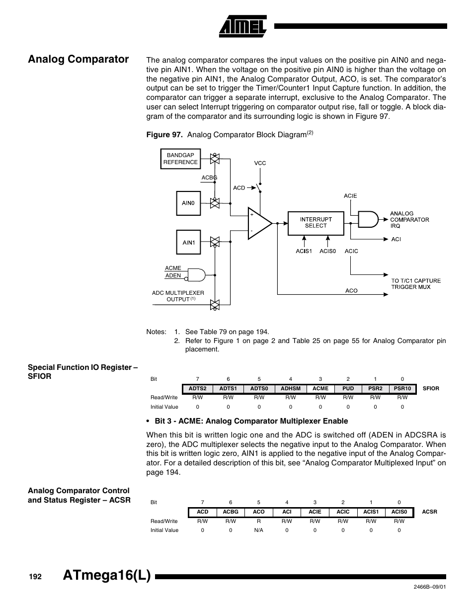 Analog comparator, Special function io register – sfior, Atmega16(l) | Rainbow Electronics ATmega64L User Manual | Page 192 / 298