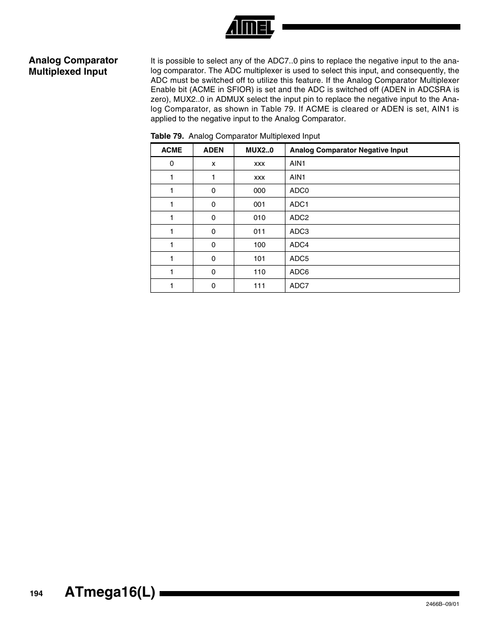 Analog comparator multiplexed input, Atmega16(l) | Rainbow Electronics ATmega64L User Manual | Page 194 / 298