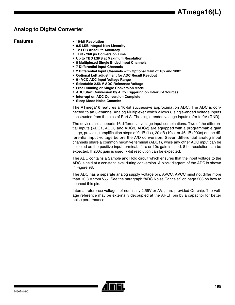 Analog to digital converter, Features, Atmega16(l) | Rainbow Electronics ATmega64L User Manual | Page 195 / 298