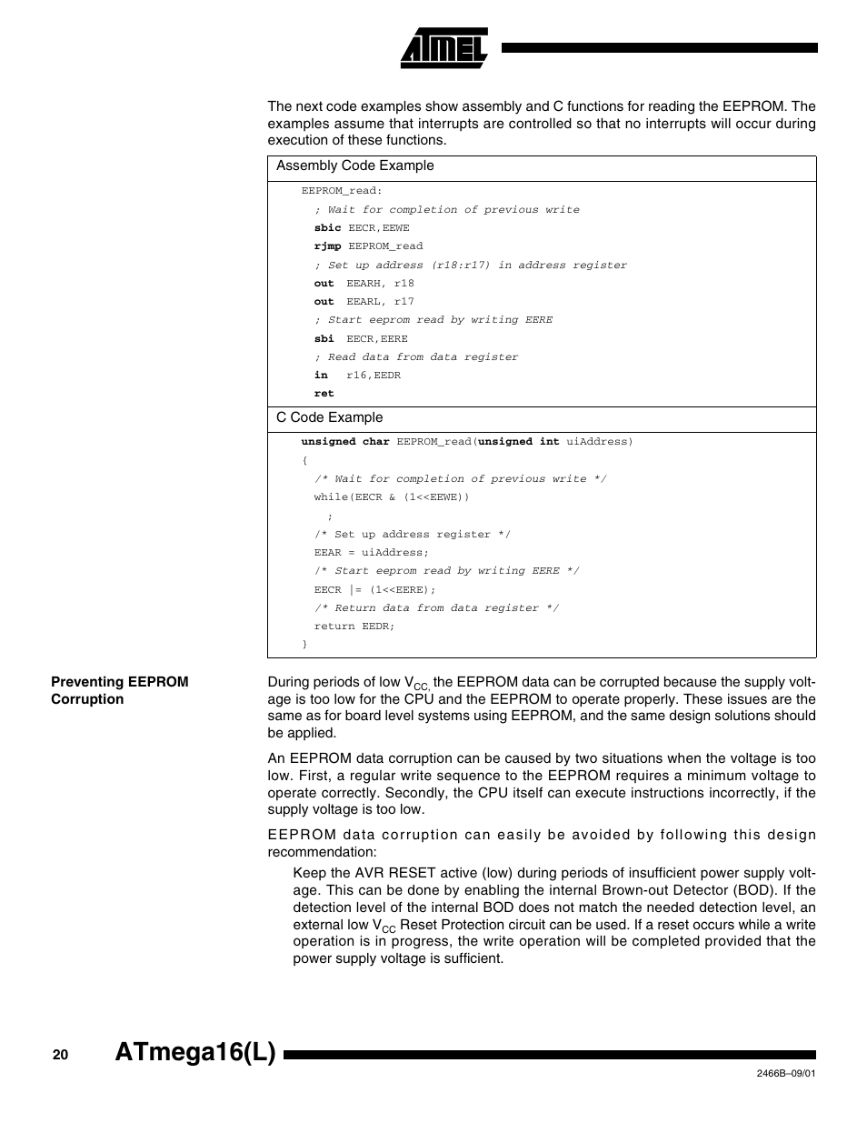 Preventing eeprom corruption, Atmega16(l) | Rainbow Electronics ATmega64L User Manual | Page 20 / 298