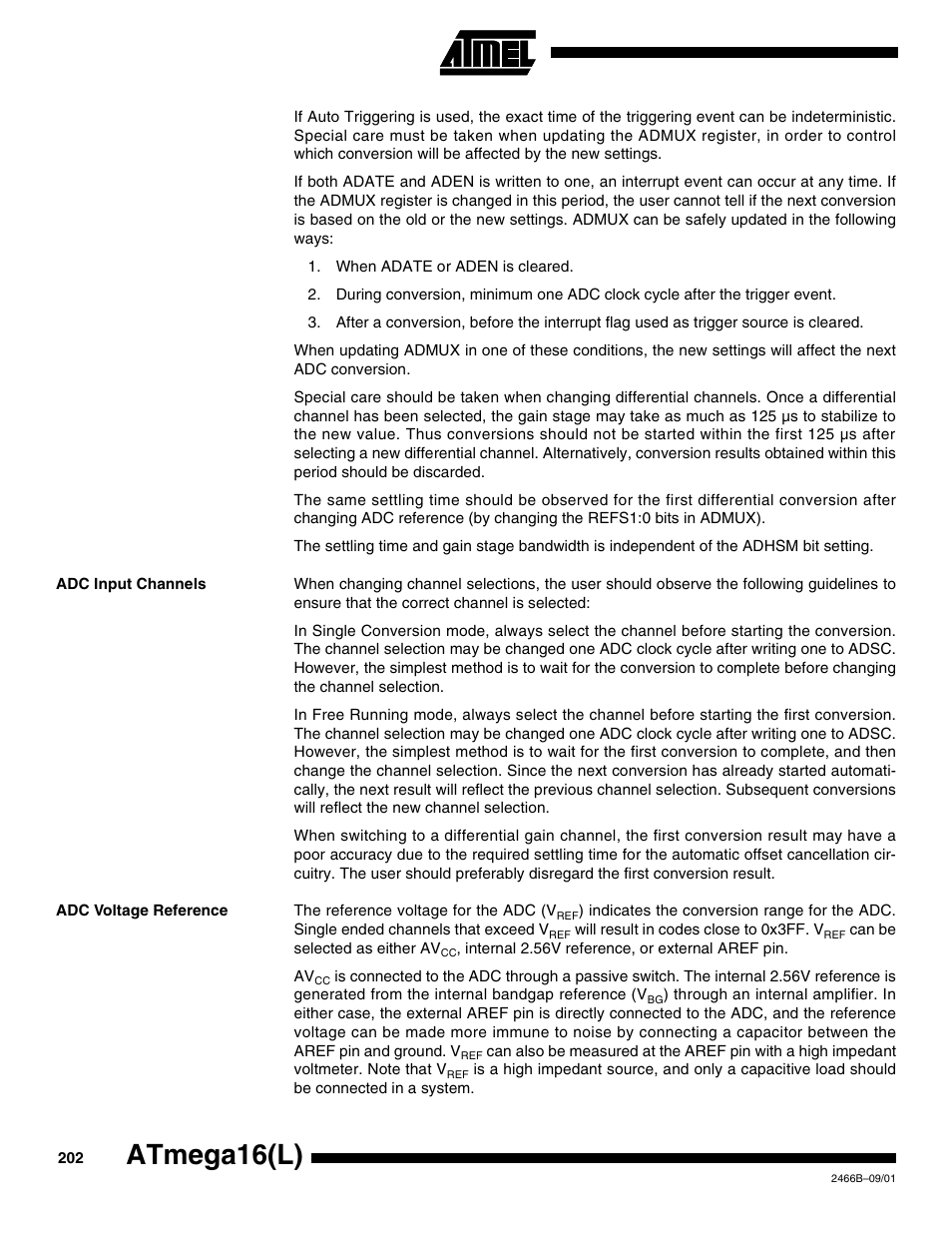 Adc input channels, Adc voltage reference, Atmega16(l) | Rainbow Electronics ATmega64L User Manual | Page 202 / 298