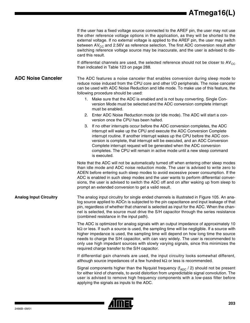 Adc noise canceler, Analog input circuitry, Atmega16(l) | Rainbow Electronics ATmega64L User Manual | Page 203 / 298