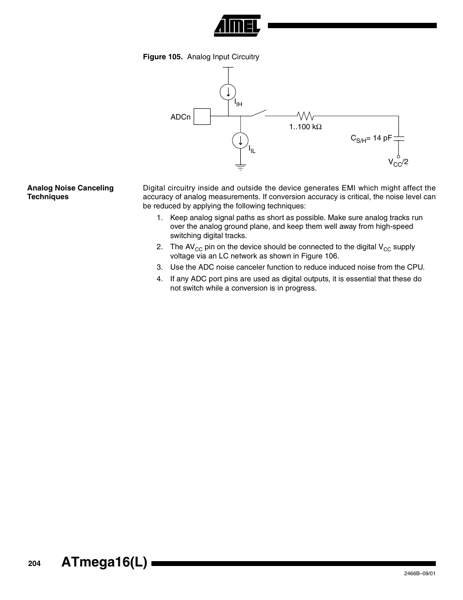 Analog noise canceling techniques, Atmega16(l) | Rainbow Electronics ATmega64L User Manual | Page 204 / 298