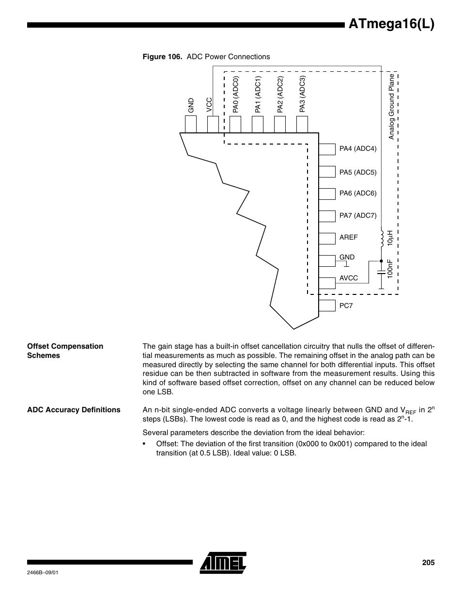 Offset compensation schemes, Adc accuracy definitions, Atmega16(l) | Rainbow Electronics ATmega64L User Manual | Page 205 / 298
