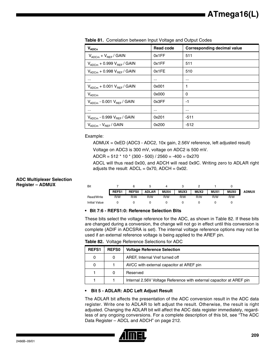 Adc multiplexer selection register – admux, Table 81, Atmega16(l) | Rainbow Electronics ATmega64L User Manual | Page 209 / 298