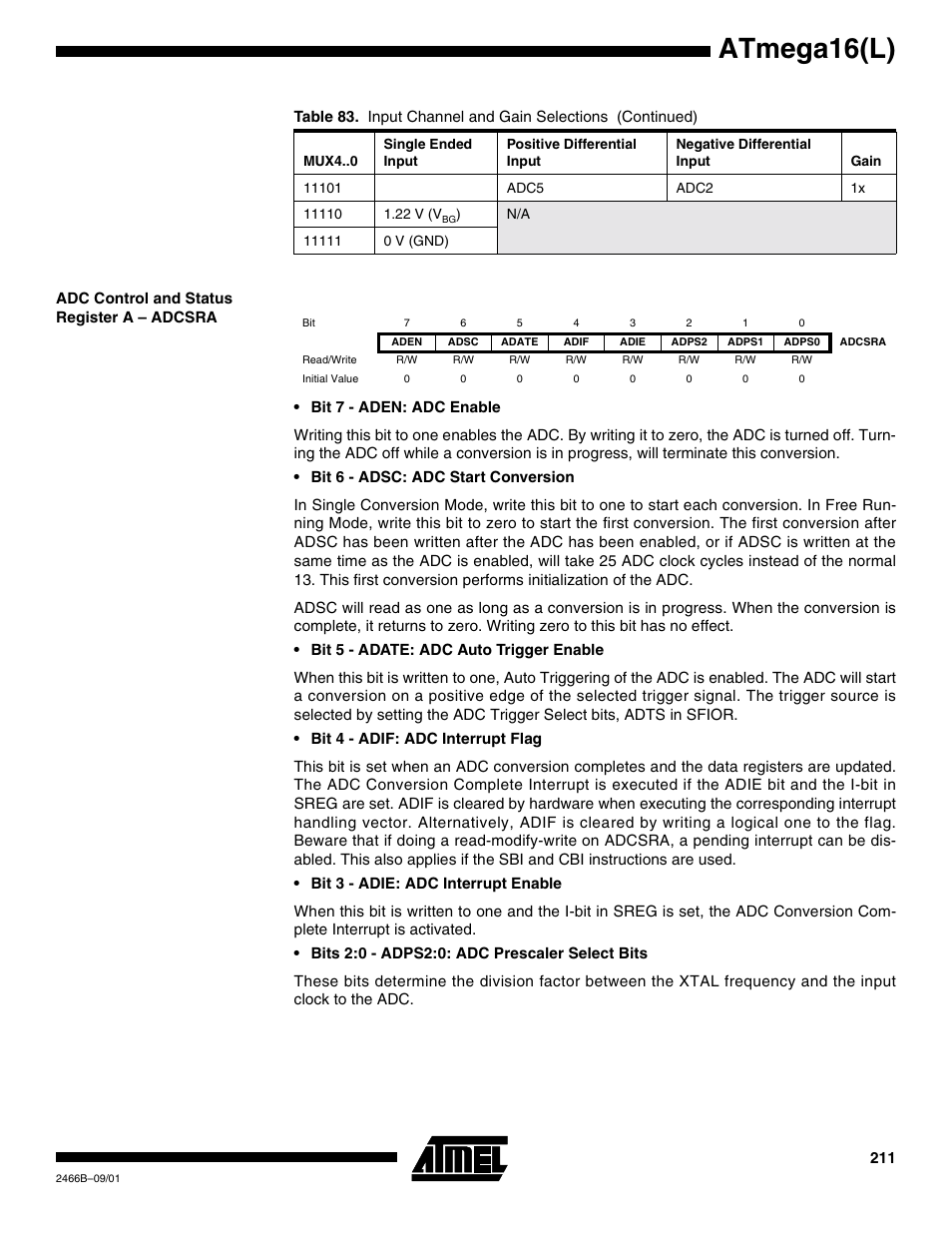 Adc control and status register a – adcsra, Atmega16(l) | Rainbow Electronics ATmega64L User Manual | Page 211 / 298