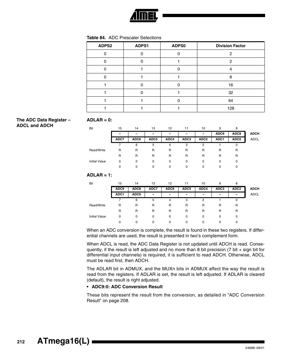 The adc data register – adcl and adch, Atmega16(l) | Rainbow Electronics ATmega64L User Manual | Page 212 / 298