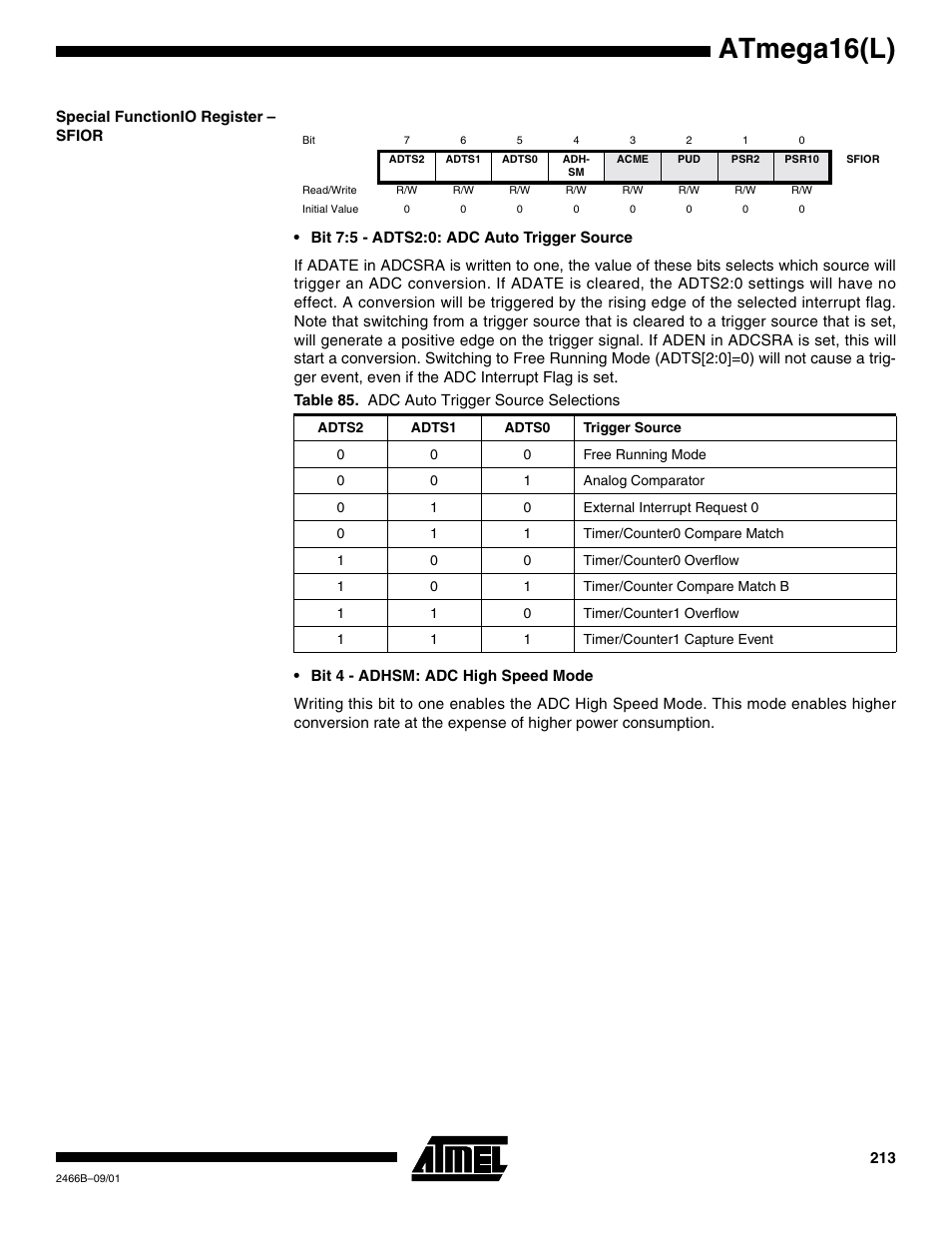 Special functionio register – sfior, Atmega16(l) | Rainbow Electronics ATmega64L User Manual | Page 213 / 298
