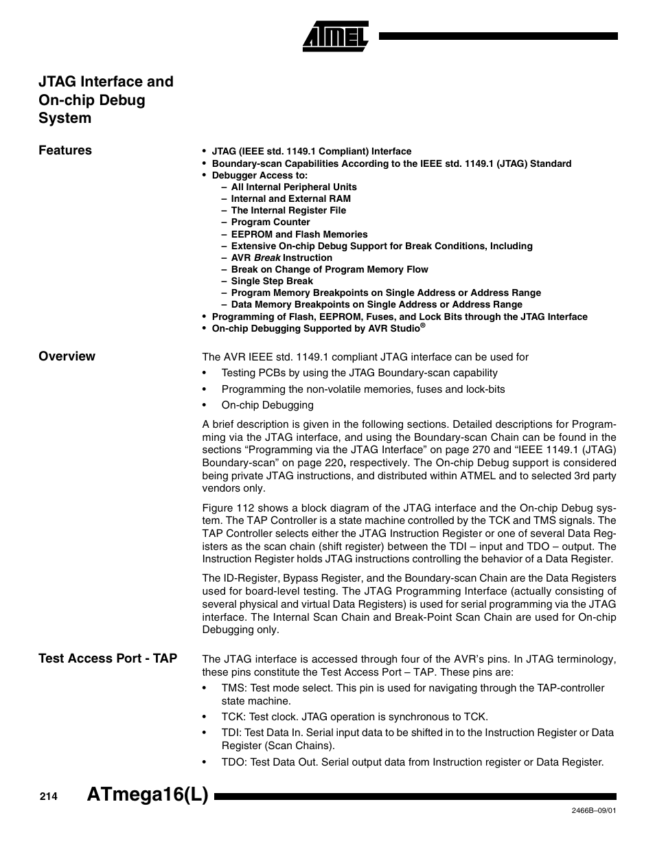 Jtag interface and on-chip debug system, Features, Overview | Test access port - tap, Atmega16(l) | Rainbow Electronics ATmega64L User Manual | Page 214 / 298