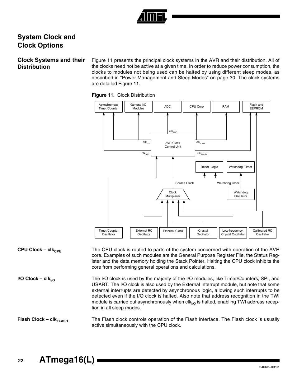 System clock and clock options, Clock systems and their distribution, Cpu clock – clkcpu | I/o clock – clki/o, Flash clock – clkflash, Atmega16(l) | Rainbow Electronics ATmega64L User Manual | Page 22 / 298
