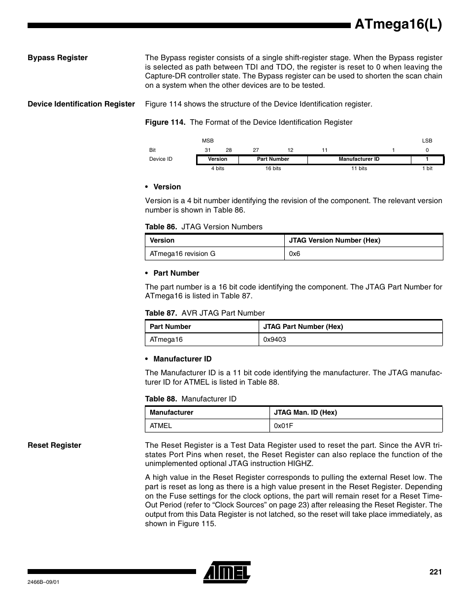 Bypass register, Device identification register, Reset register | Atmega16(l) | Rainbow Electronics ATmega64L User Manual | Page 221 / 298