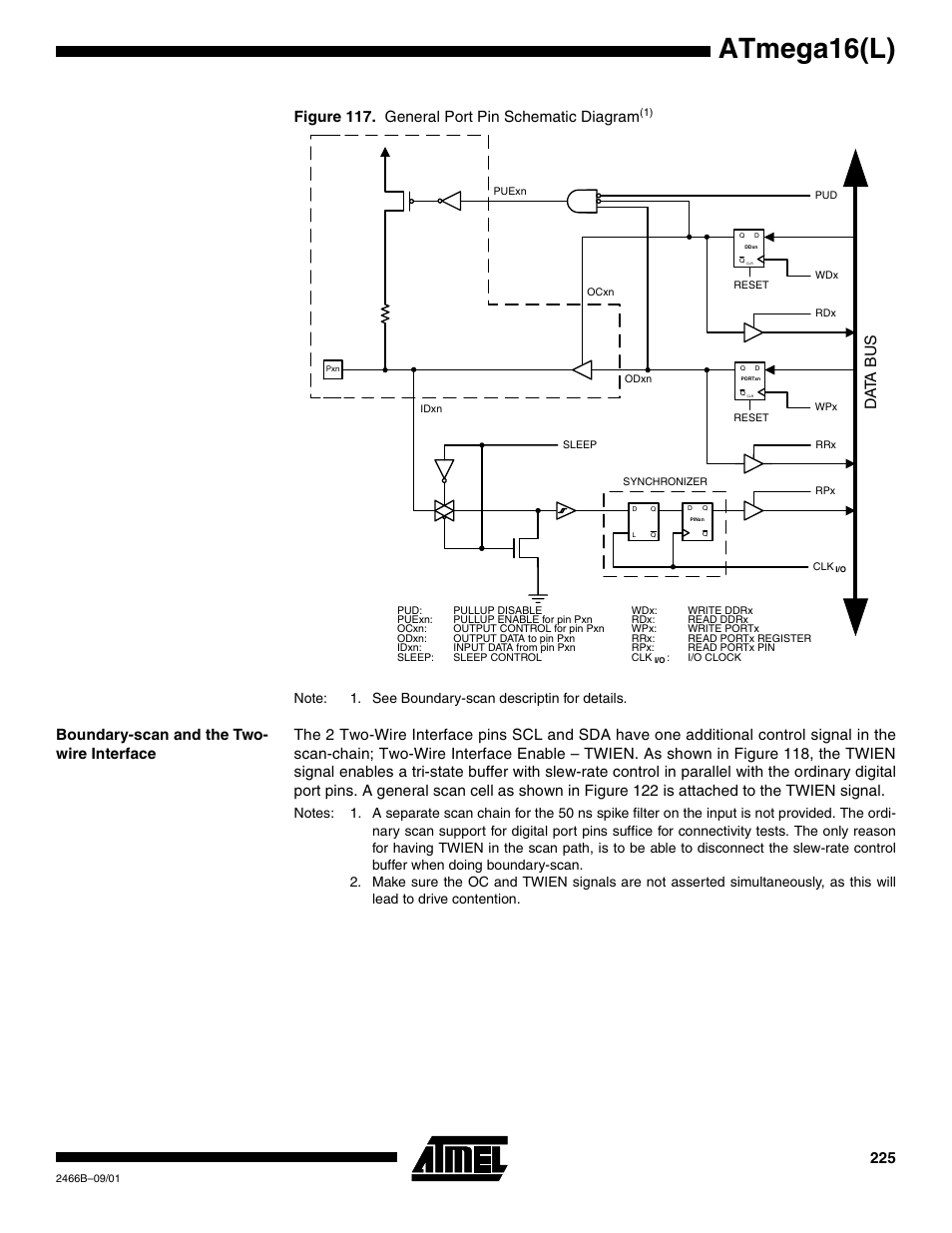 Boundary-scan and the two- wire interface, Figure 117, Figure 117 t | Atmega16(l), Figure 117. general port pin schematic diagram, Data b u s | Rainbow Electronics ATmega64L User Manual | Page 225 / 298