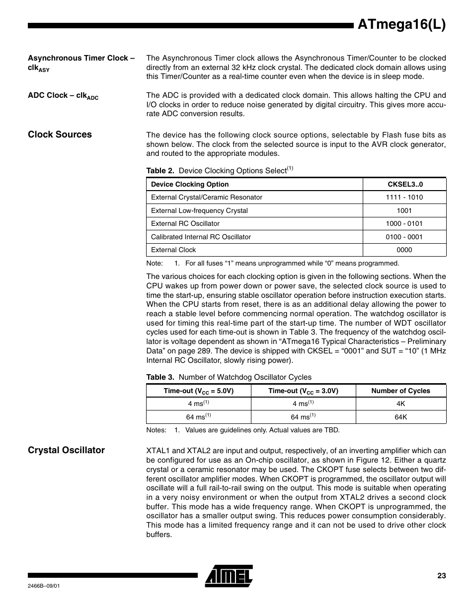 Asynchronous timer clock – clkasy, Adc clock – clkadc, Clock sources | Crystal oscillator, Atmega16(l) | Rainbow Electronics ATmega64L User Manual | Page 23 / 298