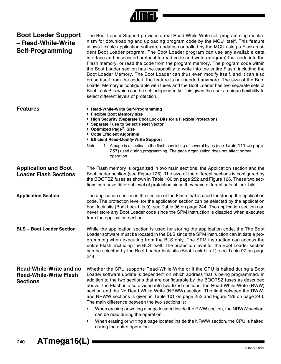 Features, Application and boot loader flash sections, Application section | Bls – boot loader section, Atmega16(l) | Rainbow Electronics ATmega64L User Manual | Page 240 / 298