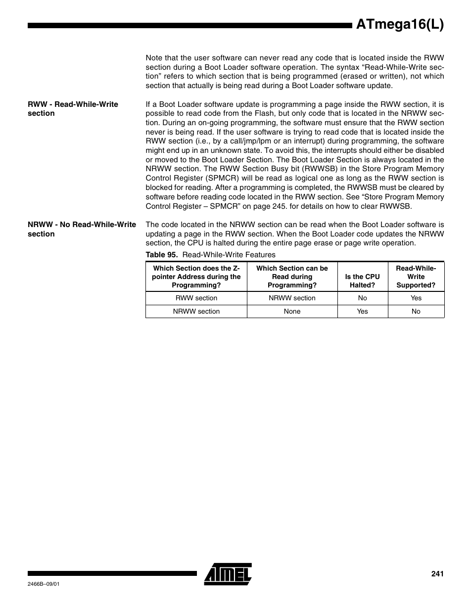 Rww - read-while-write section, Nrww - no read-while-write section, Atmega16(l) | Rainbow Electronics ATmega64L User Manual | Page 241 / 298