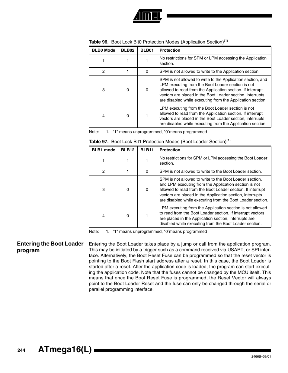 Entering the boot loader program, Atmega16(l) | Rainbow Electronics ATmega64L User Manual | Page 244 / 298