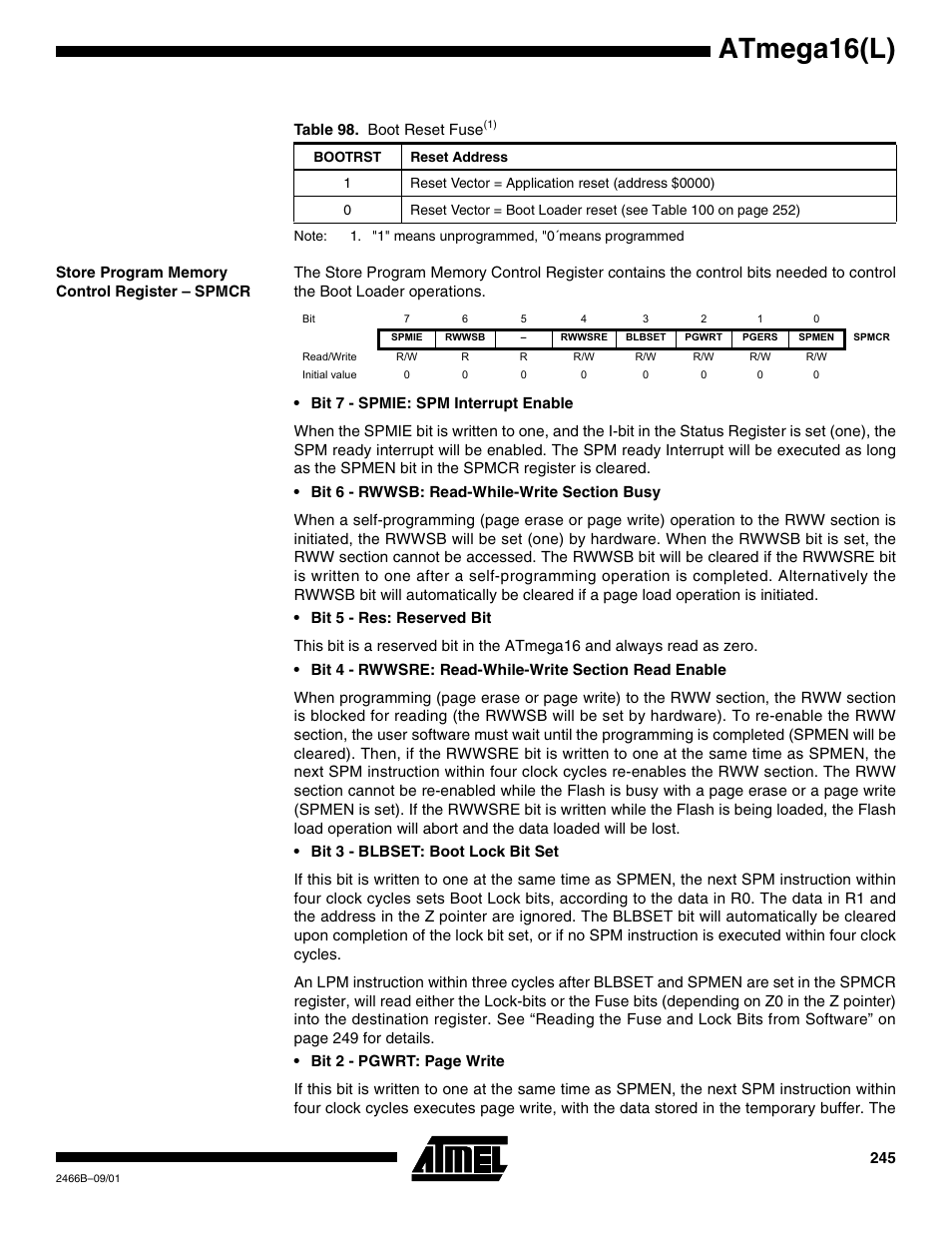 Store program memory control register – spmcr, Atmega16(l) | Rainbow Electronics ATmega64L User Manual | Page 245 / 298