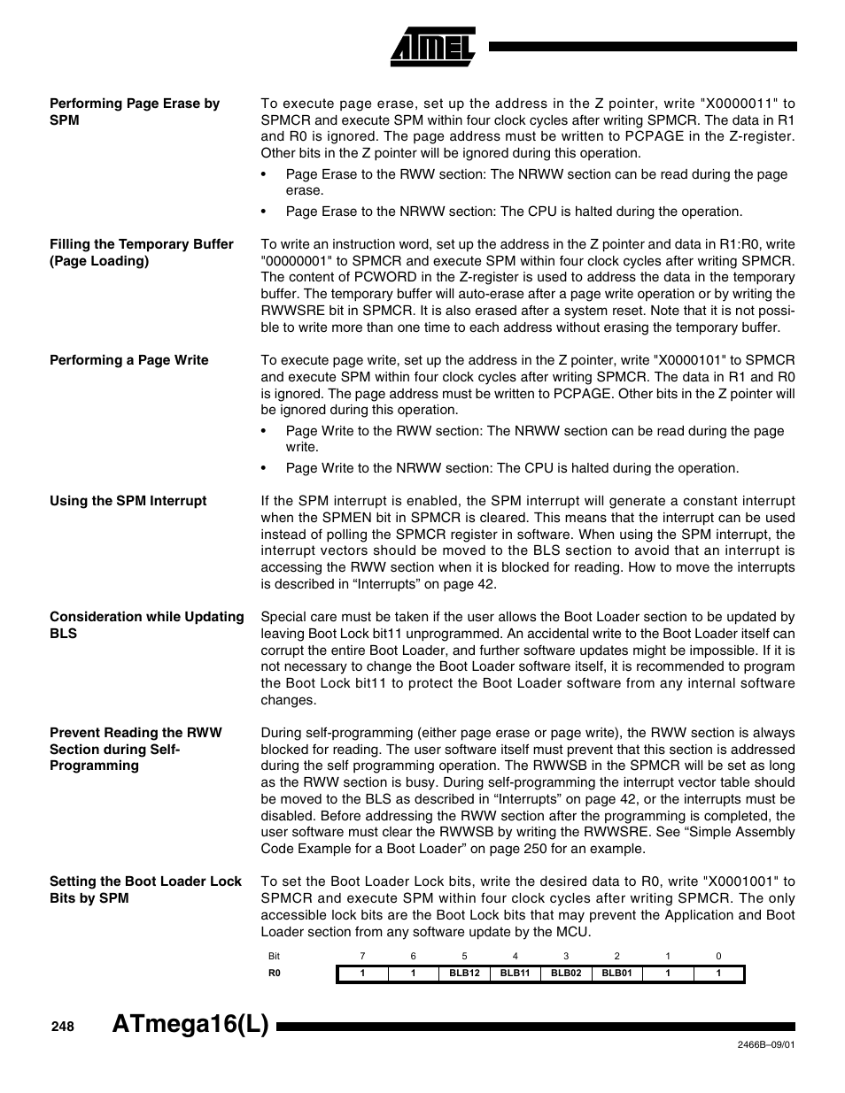 Using the spm interrupt, Consideration while updating bls, Setting the boot loader lock bits by spm | Atmega16(l) | Rainbow Electronics ATmega64L User Manual | Page 248 / 298