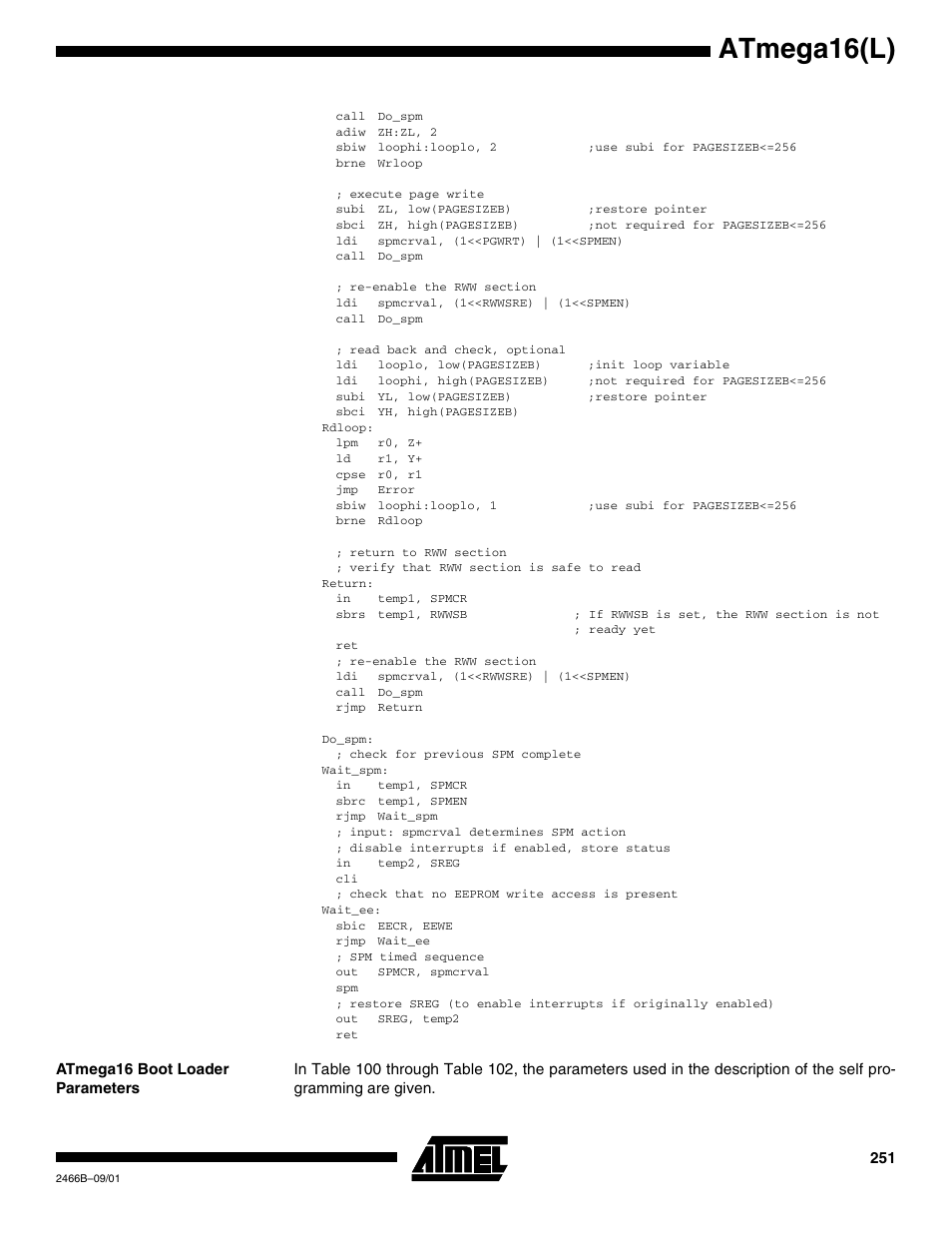 Atmega16 boot loader parameters, Atmega16(l) | Rainbow Electronics ATmega64L User Manual | Page 251 / 298