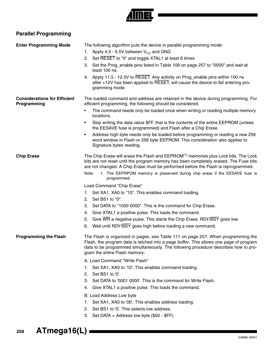Parallel programming, Enter programming mode, Considerations for efficient programming | Chip erase, Programming the flash, Atmega16(l) | Rainbow Electronics ATmega64L User Manual | Page 258 / 298