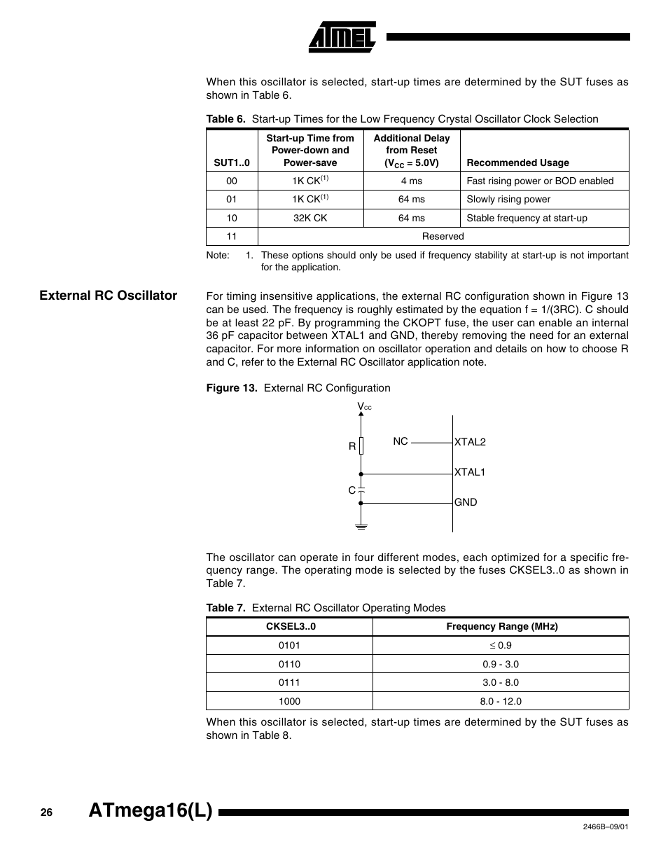 External rc oscillator, Atmega16(l) | Rainbow Electronics ATmega64L User Manual | Page 26 / 298