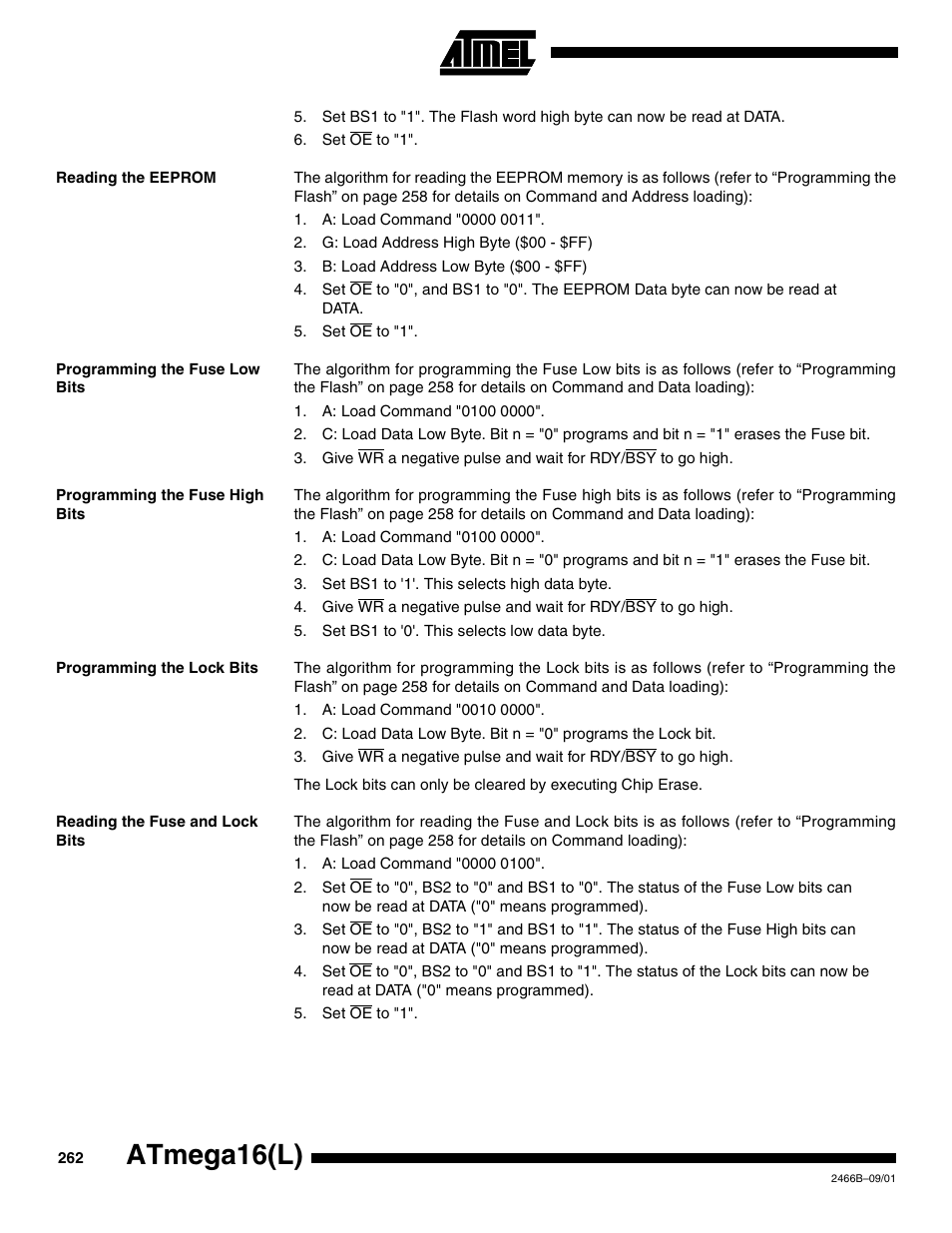 Reading the eeprom, Programming the fuse low bits, Programming the fuse high bits | Programming the lock bits, Reading the fuse and lock bits, Atmega16(l) | Rainbow Electronics ATmega64L User Manual | Page 262 / 298