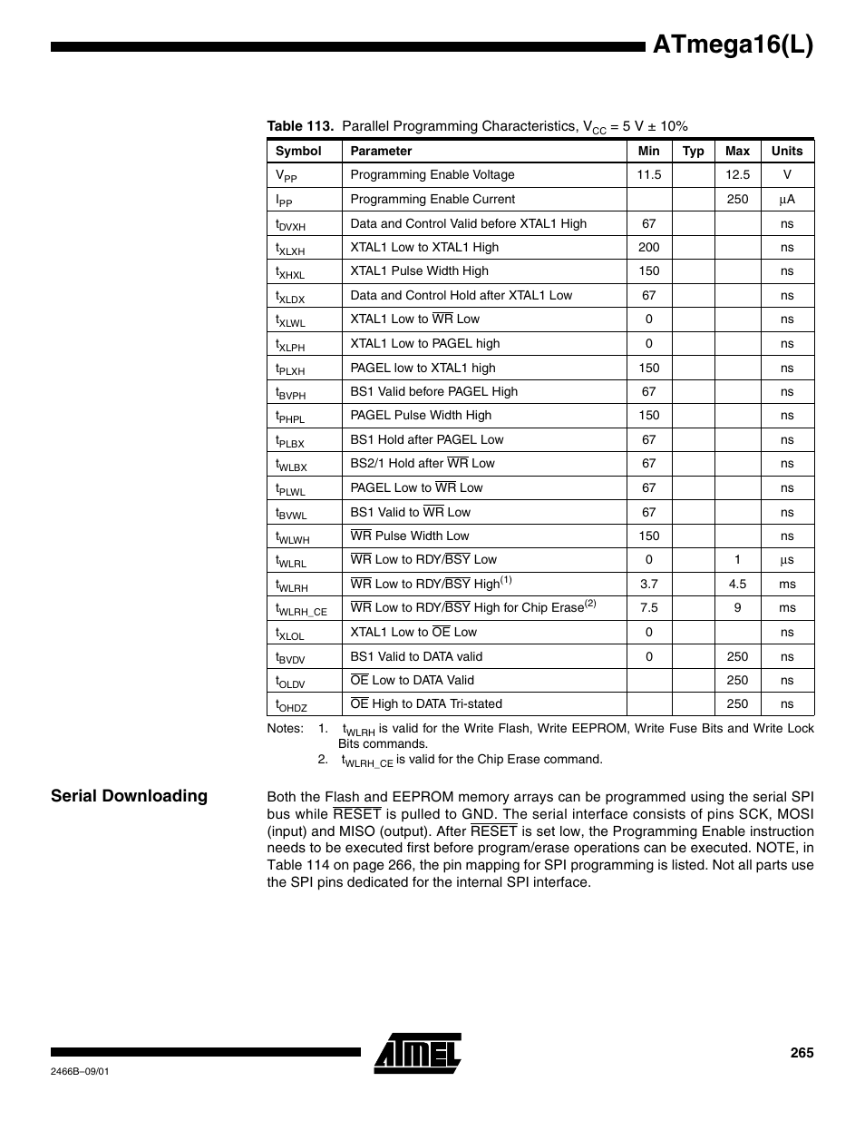 Serial downloading, Atmega16(l) | Rainbow Electronics ATmega64L User Manual | Page 265 / 298