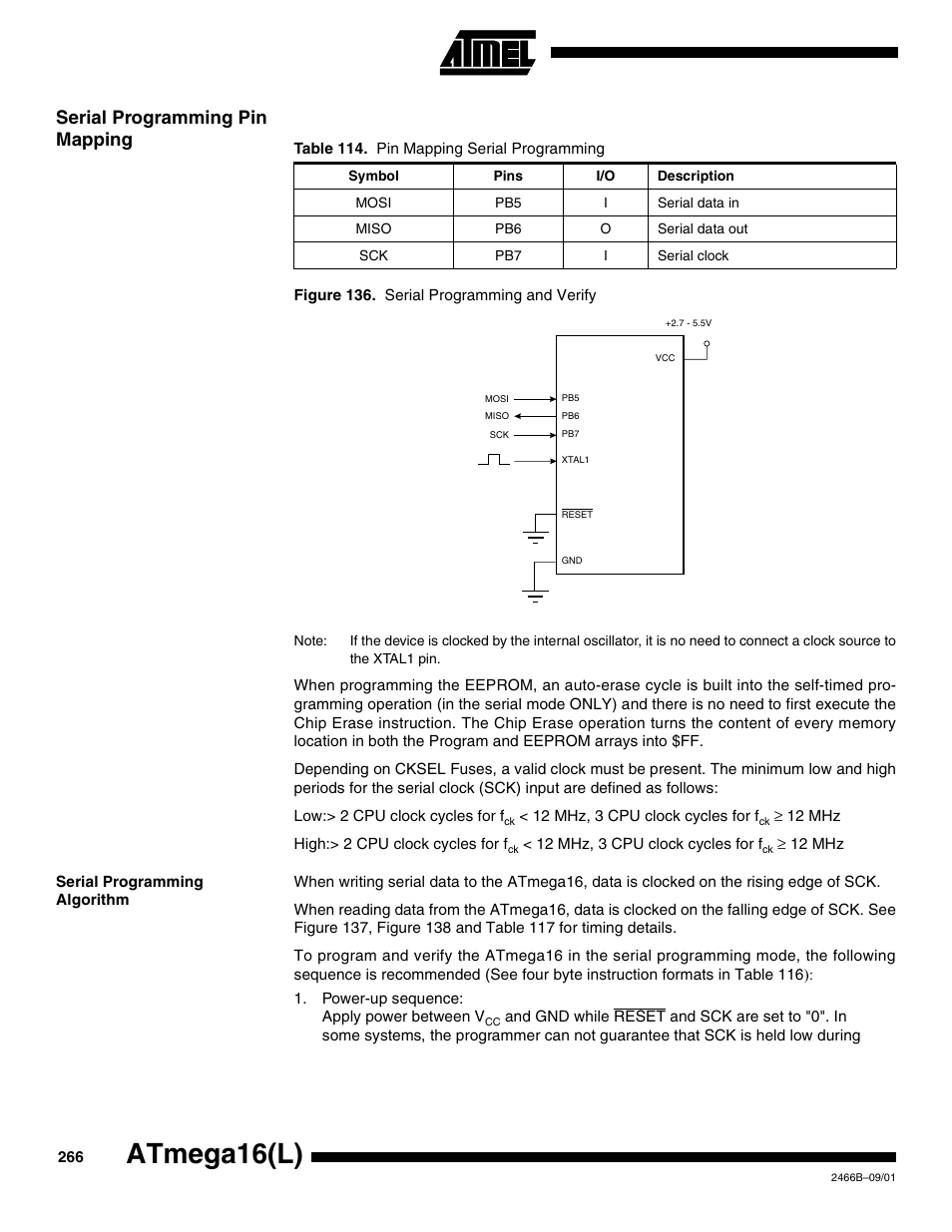 Serial programming pin mapping, Serial programming algorithm, Atmega16(l) | Rainbow Electronics ATmega64L User Manual | Page 266 / 298