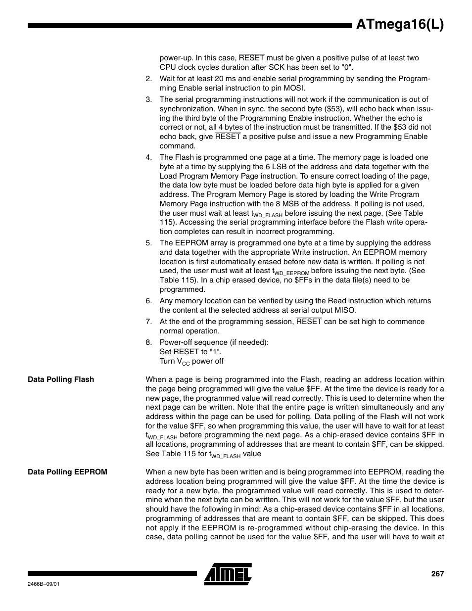 Data polling flash, Data polling eeprom, Atmega16(l) | Rainbow Electronics ATmega64L User Manual | Page 267 / 298
