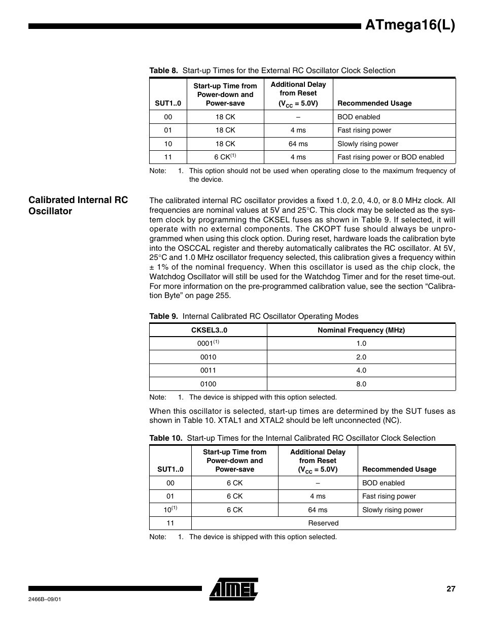 Calibrated internal rc oscillator, Table 8, Atmega16(l) | Rainbow Electronics ATmega64L User Manual | Page 27 / 298