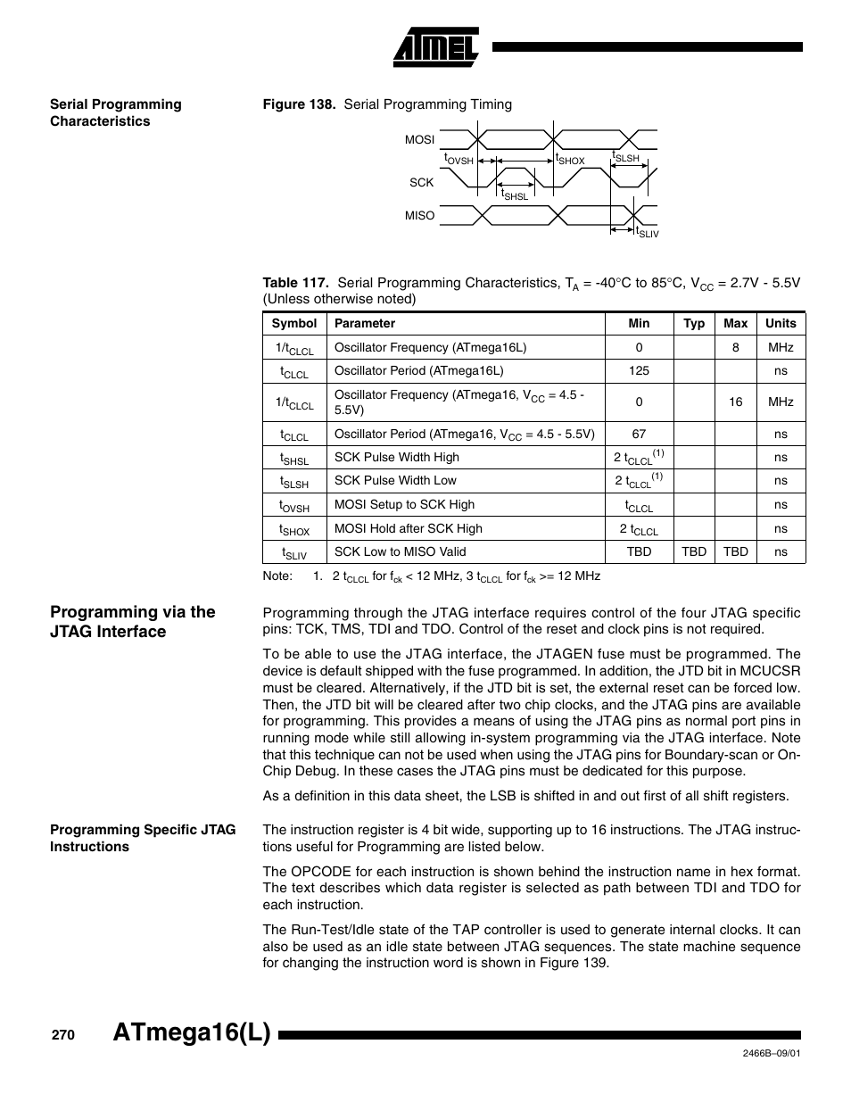 Serial programming characteristics, Programming via the jtag interface, Programming specific jtag instructions | Igure 138, Table 117 fo, Atmega16(l) | Rainbow Electronics ATmega64L User Manual | Page 270 / 298