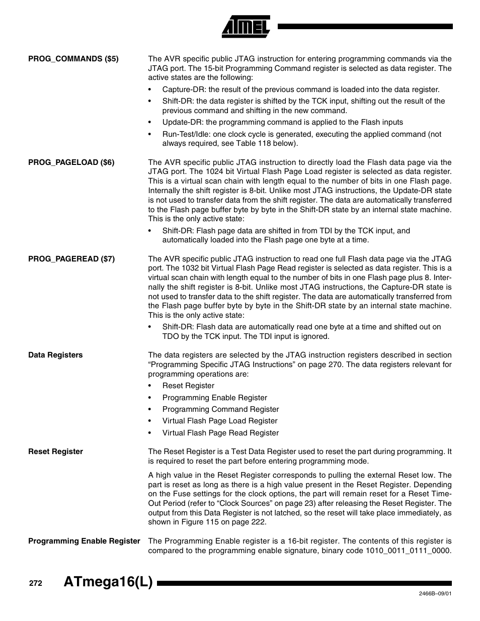 Prog_commands ($5), Data registers, Reset register | Programming enable register, Atmega16(l) | Rainbow Electronics ATmega64L User Manual | Page 272 / 298