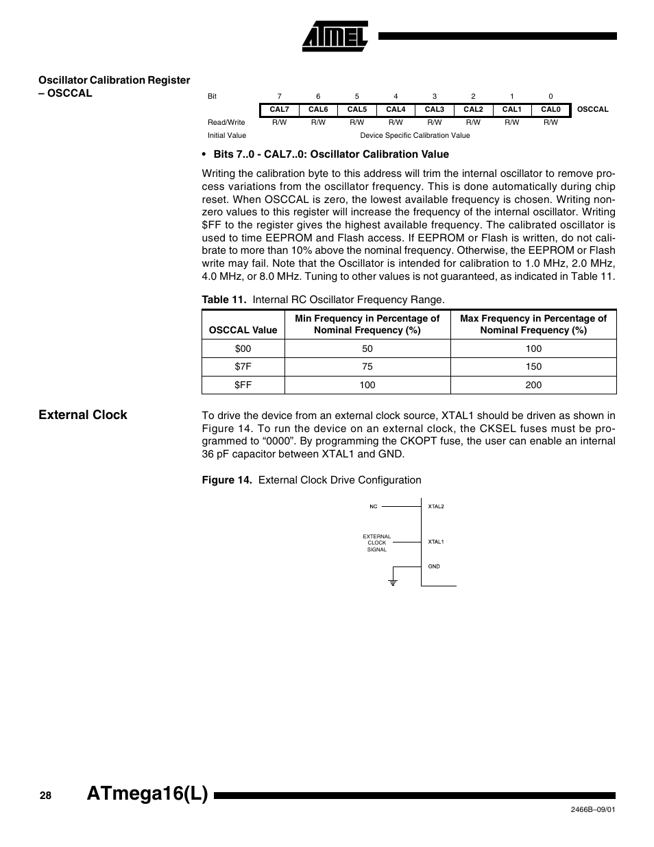 Oscillator calibration register – osccal, External clock, Atmega16(l) | Rainbow Electronics ATmega64L User Manual | Page 28 / 298