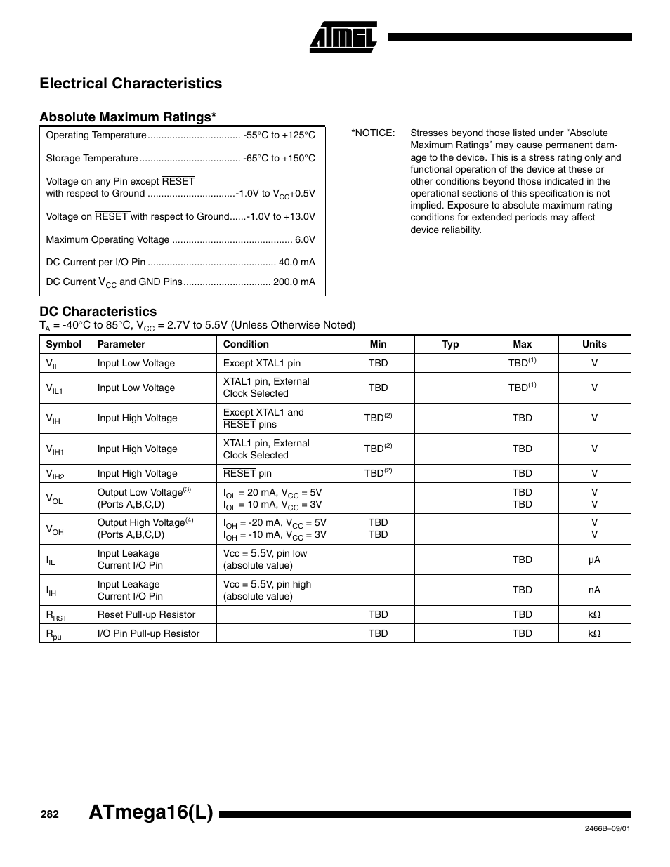 Electrical characteristics, Absolute maximum ratings, 282 for | Atmega16(l), Dc characteristics | Rainbow Electronics ATmega64L User Manual | Page 282 / 298