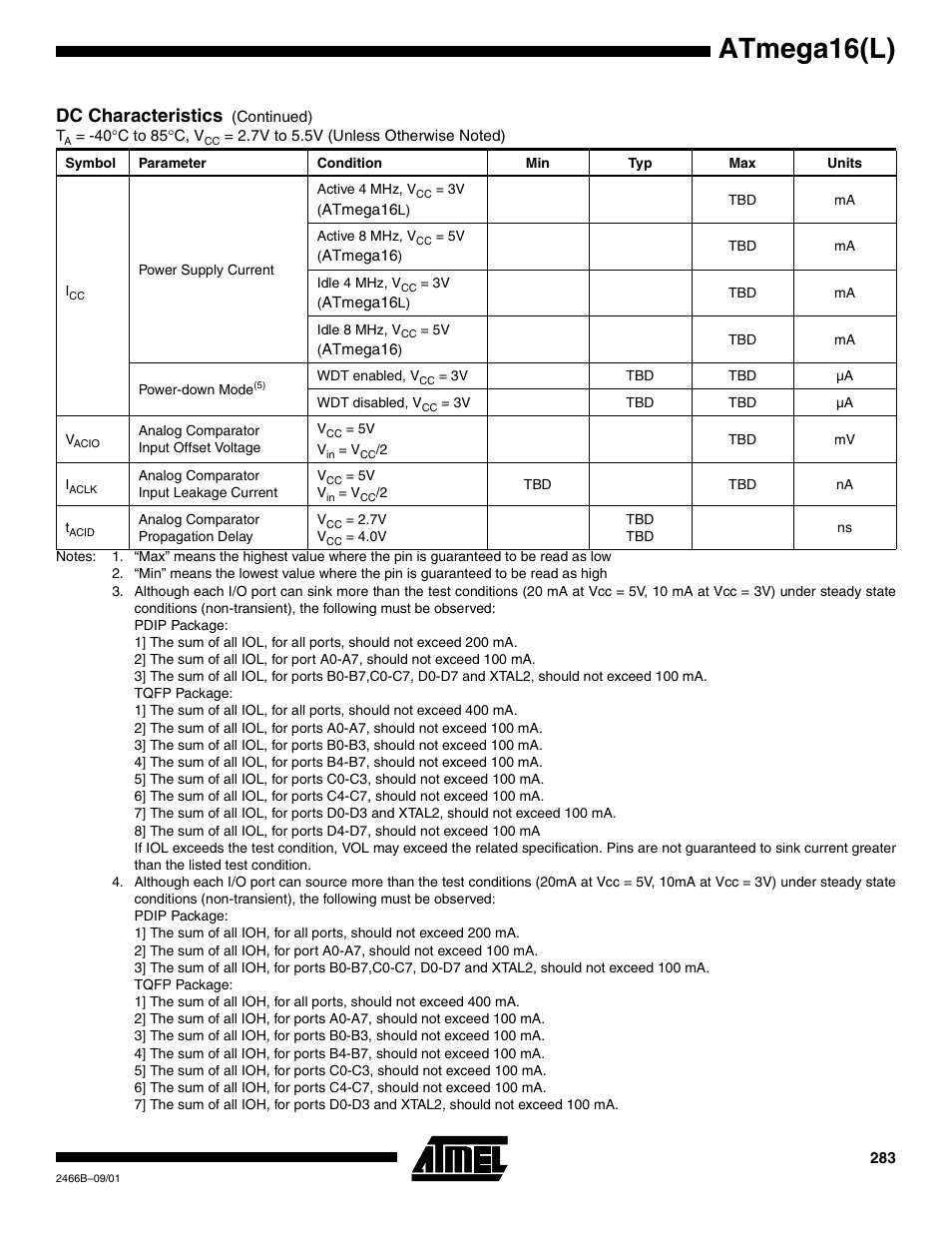 Atmega16(l), Dc characteristics | Rainbow Electronics ATmega64L User Manual | Page 283 / 298