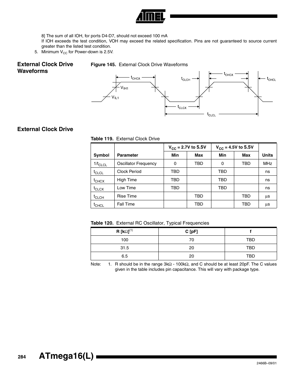 External clock drive waveforms, External clock drive, Atmega16(l) | Rainbow Electronics ATmega64L User Manual | Page 284 / 298