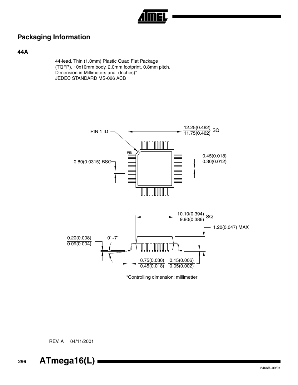 Packaging information, Atmega16(l) | Rainbow Electronics ATmega64L User Manual | Page 296 / 298