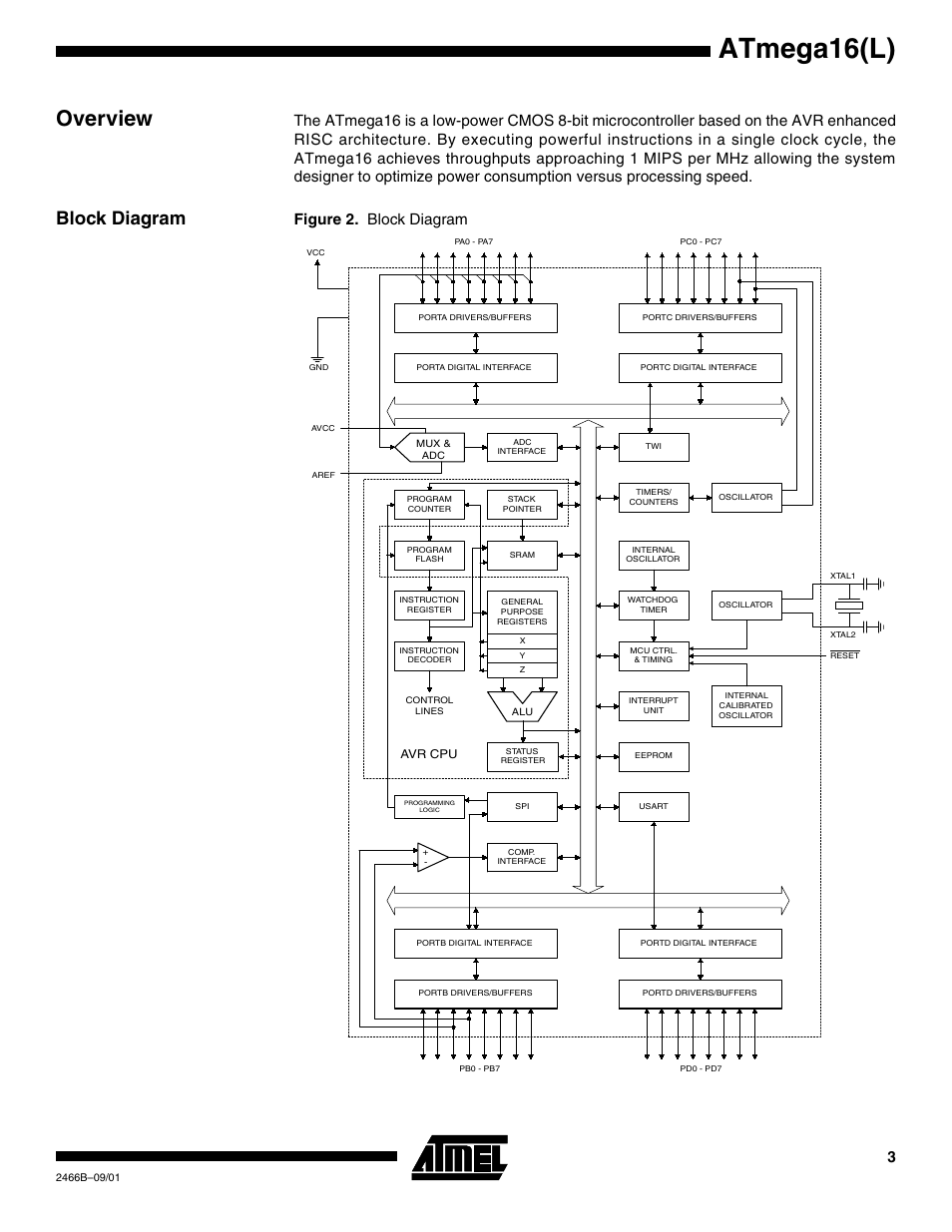 Overview, Block diagram, Atmega16(l) | Figure 2. block diagram | Rainbow Electronics ATmega64L User Manual | Page 3 / 298