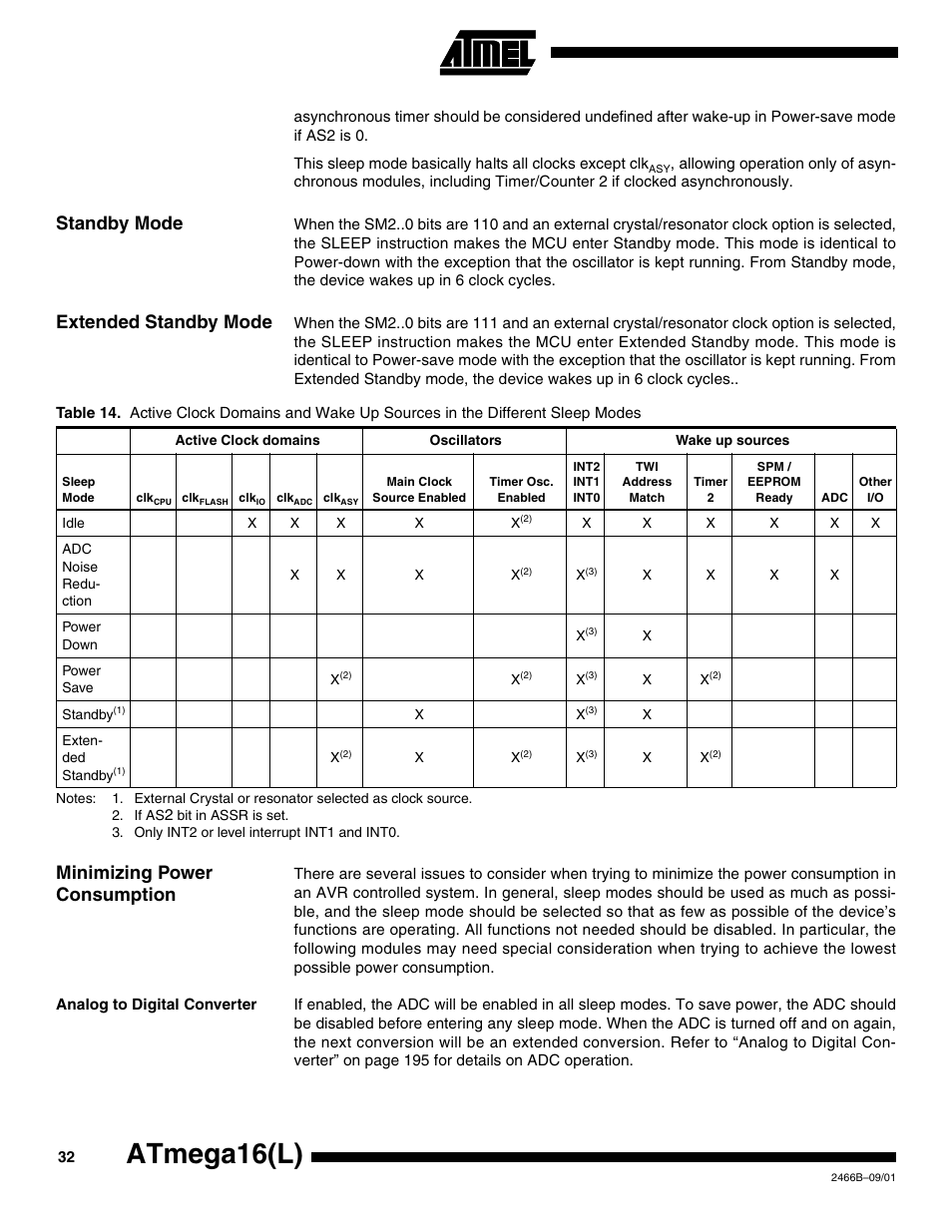 Standby mode, Extended standby mode, Minimizing power consumption | Analog to digital converter, Atmega16(l) | Rainbow Electronics ATmega64L User Manual | Page 32 / 298