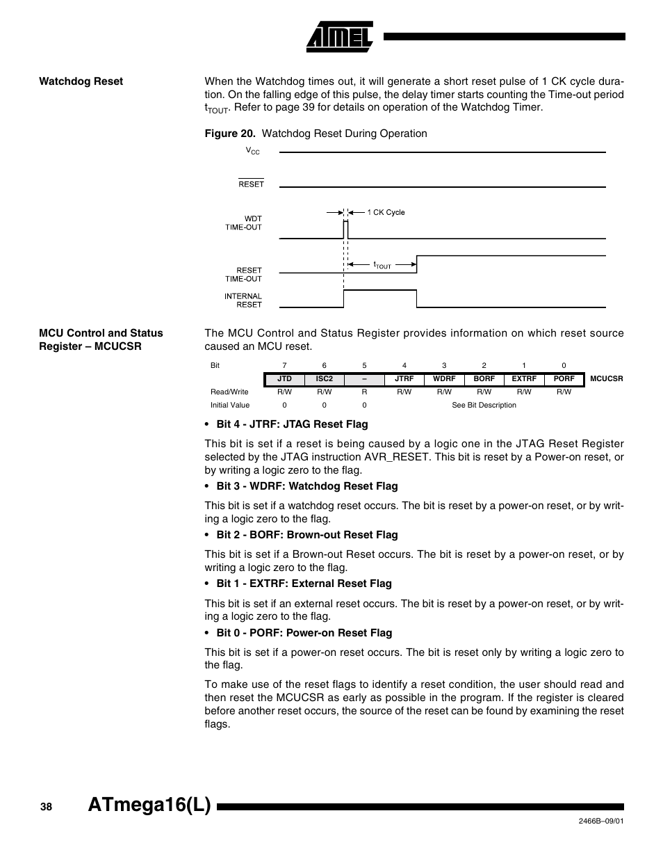 Watchdog reset, Mcu control and status register – mcucsr, Atmega16(l) | Rainbow Electronics ATmega64L User Manual | Page 38 / 298