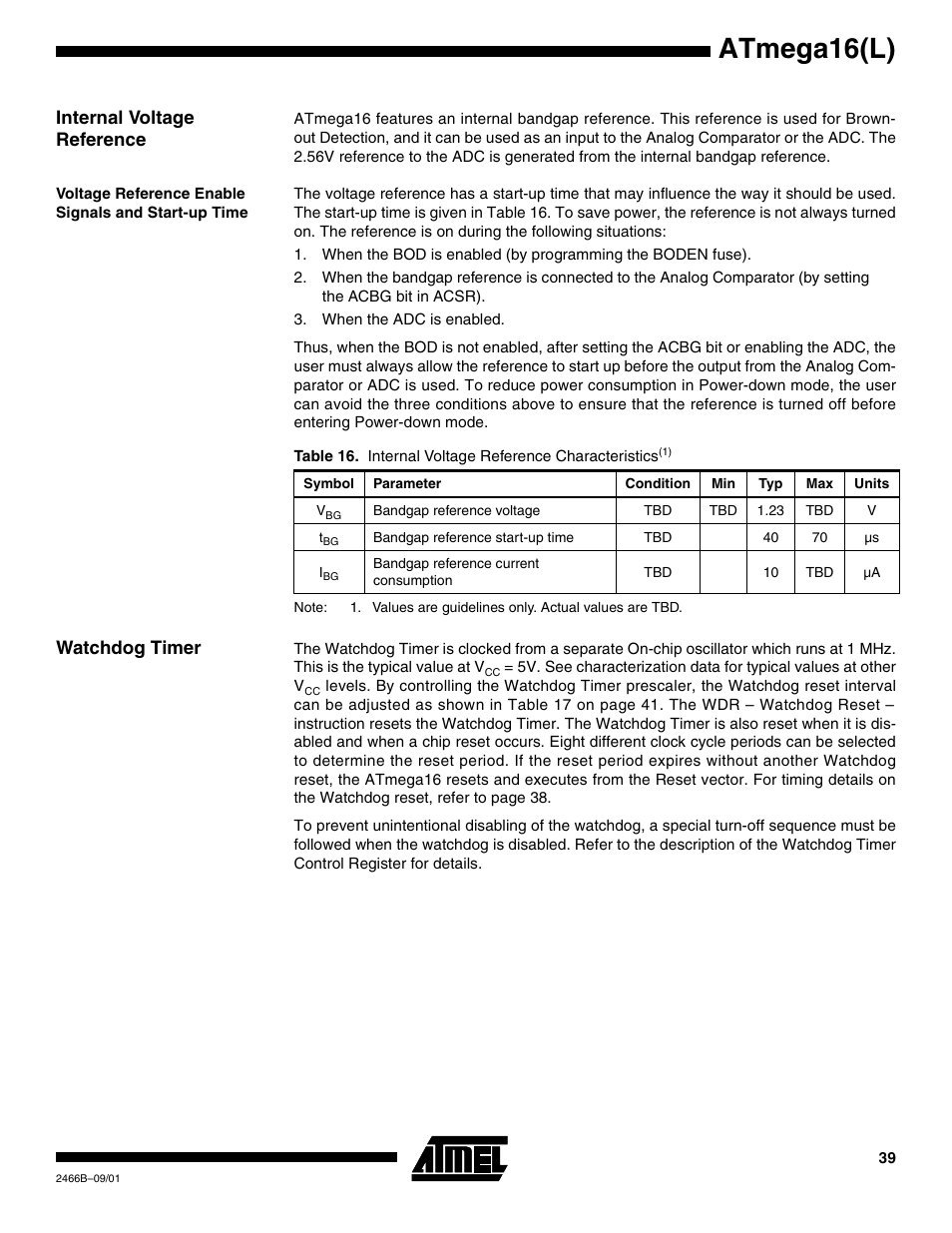 Internal voltage reference, Voltage reference enable signals and start-up time, Watchdog timer | Atmega16(l) | Rainbow Electronics ATmega64L User Manual | Page 39 / 298