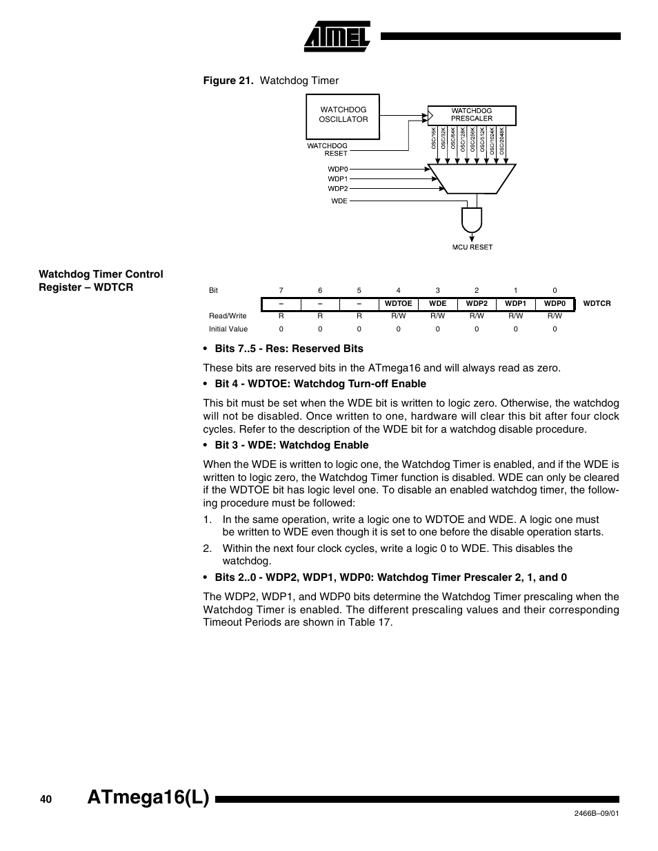 Watchdog timer control register – wdtcr, Atmega16(l) | Rainbow Electronics ATmega64L User Manual | Page 40 / 298