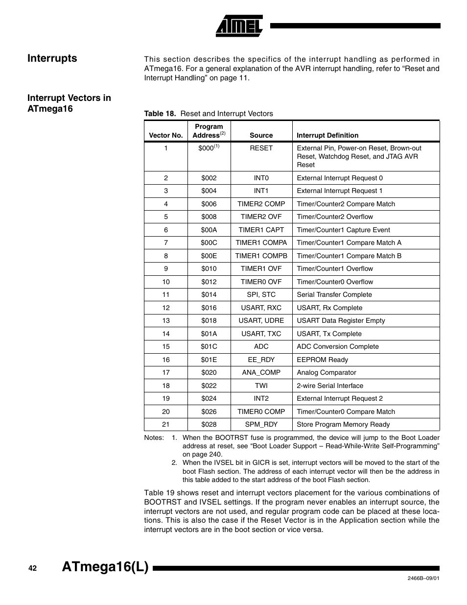 Interrupts, Interrupt vectors in atmega16, Atmega16(l) | Rainbow Electronics ATmega64L User Manual | Page 42 / 298