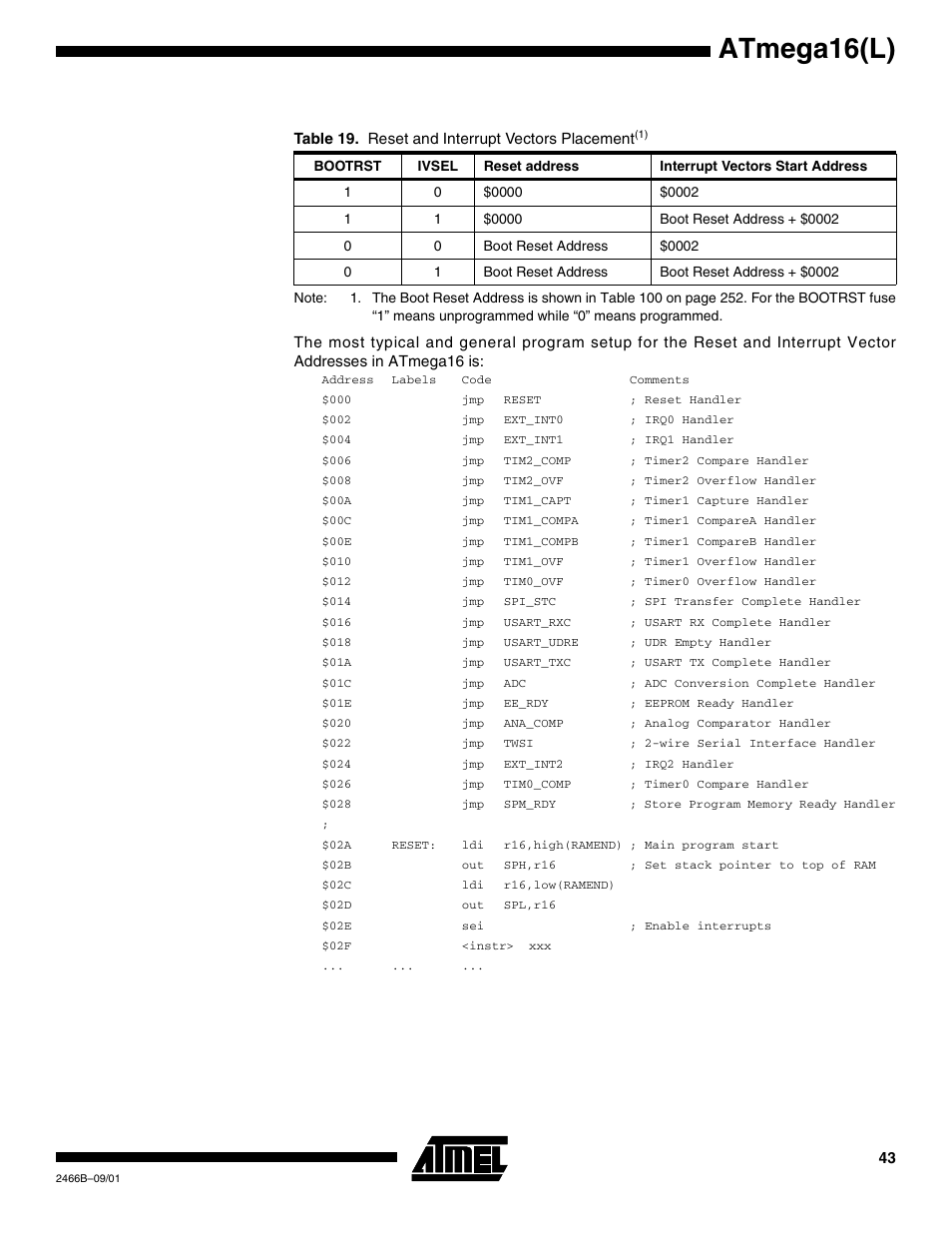 Table 19 shows, Atmega16(l) | Rainbow Electronics ATmega64L User Manual | Page 43 / 298