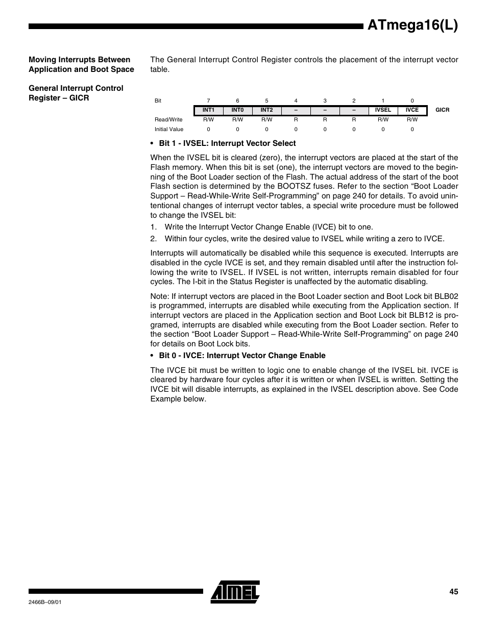 General interrupt control register – gicr, Atmega16(l) | Rainbow Electronics ATmega64L User Manual | Page 45 / 298