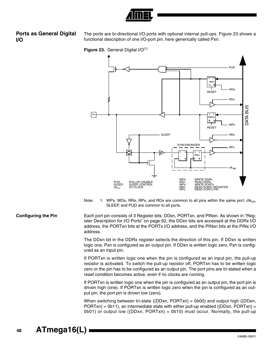 Ports as general digital i/o, Configuring the pin, Atmega16(l) | Sleep, and pud are common to all ports, Data b u s | Rainbow Electronics ATmega64L User Manual | Page 48 / 298