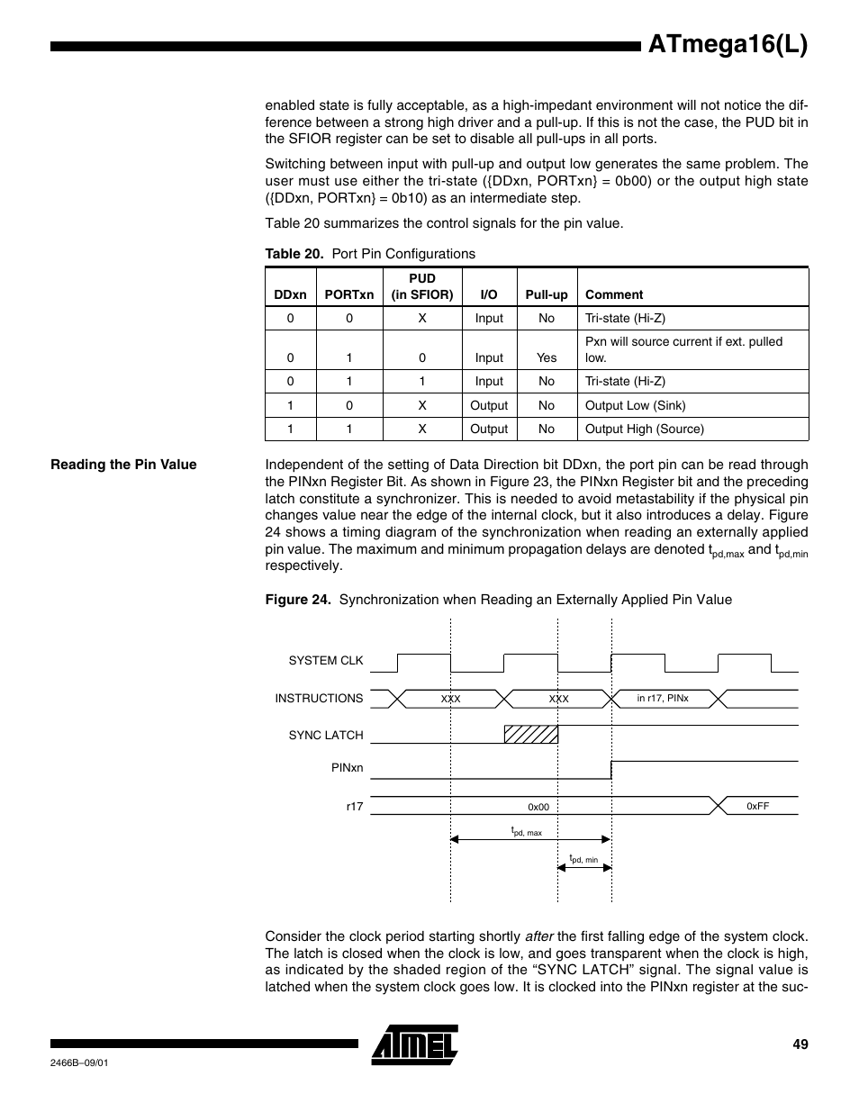 Reading the pin value, Atmega16(l) | Rainbow Electronics ATmega64L User Manual | Page 49 / 298