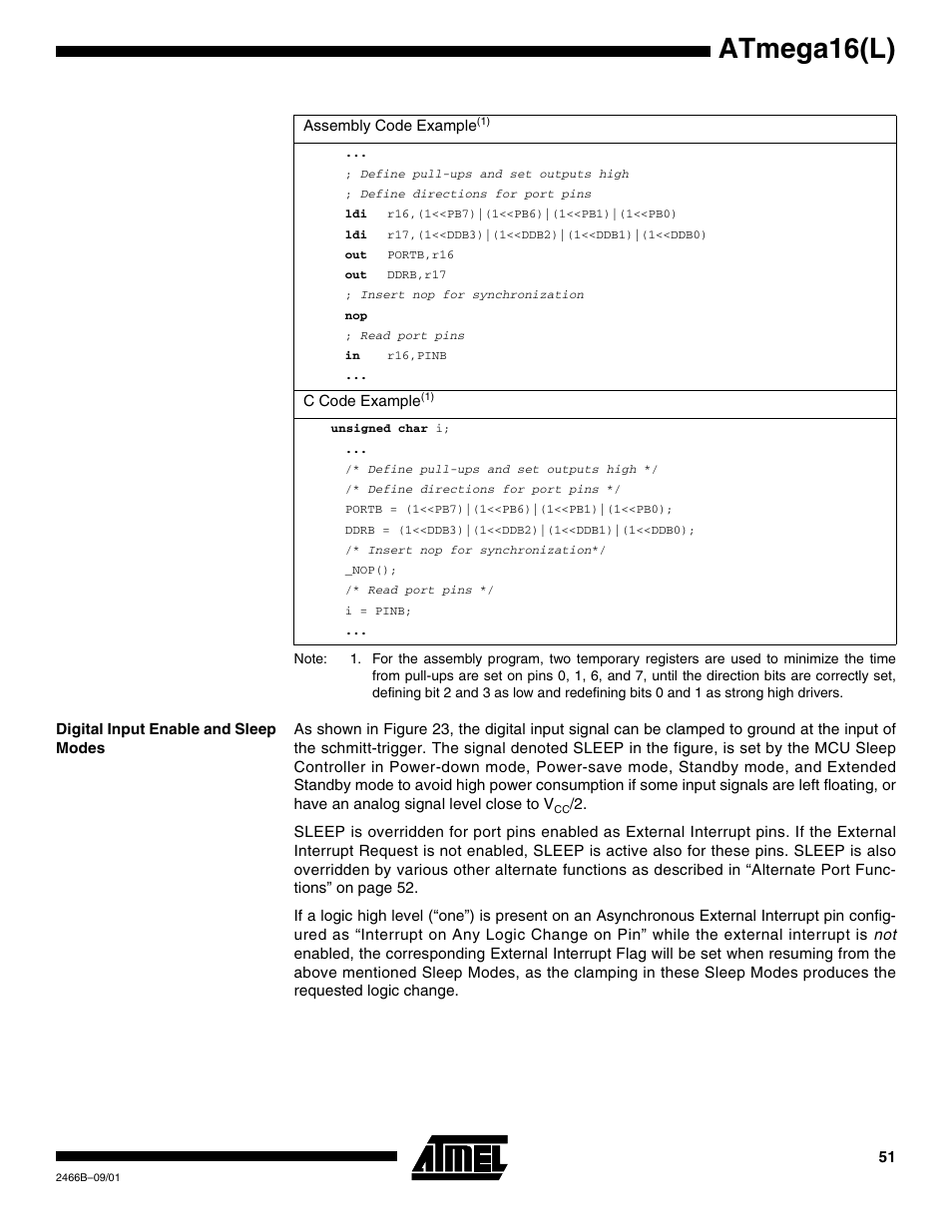 Digital input enable and sleep modes, Atmega16(l) | Rainbow Electronics ATmega64L User Manual | Page 51 / 298