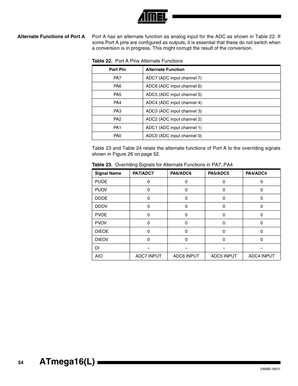 Alternate functions of port a, Atmega16(l) | Rainbow Electronics ATmega64L User Manual | Page 54 / 298